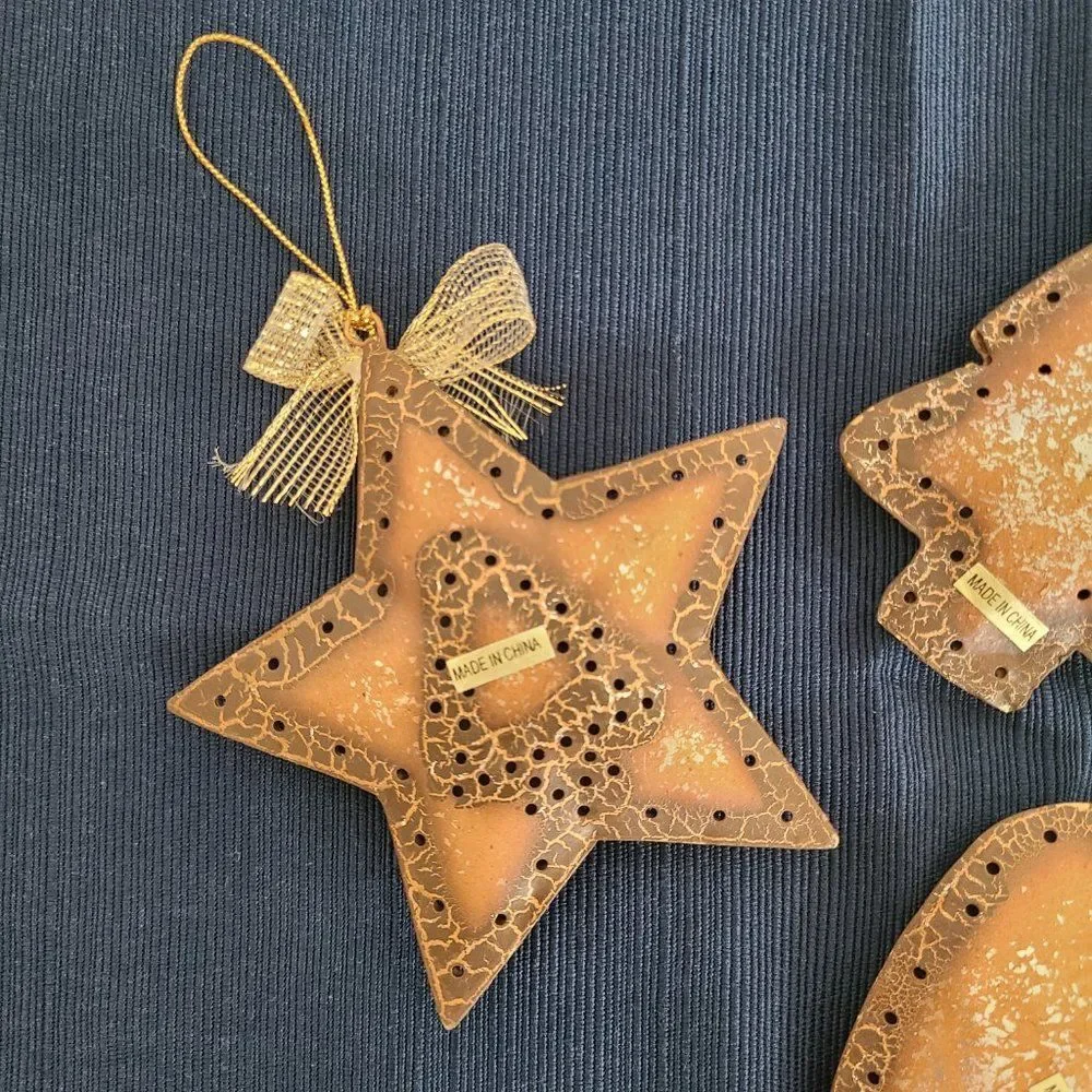 Vintage Textured Metal Holiday Christmas Tree Star Heart Ornaments Set Of Three